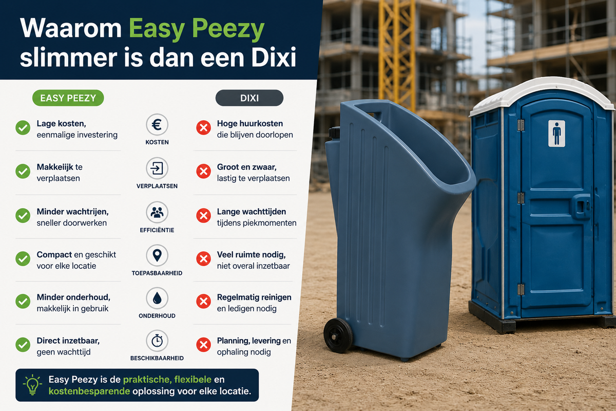 Infographic die Easy Peezy vergelijkt met een Dixi, met daarnaast een foto van allebei op een bouwplaats.