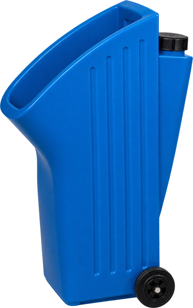 Zijaanzicht van het blauwe Easy Peezy urinoir op wielen.