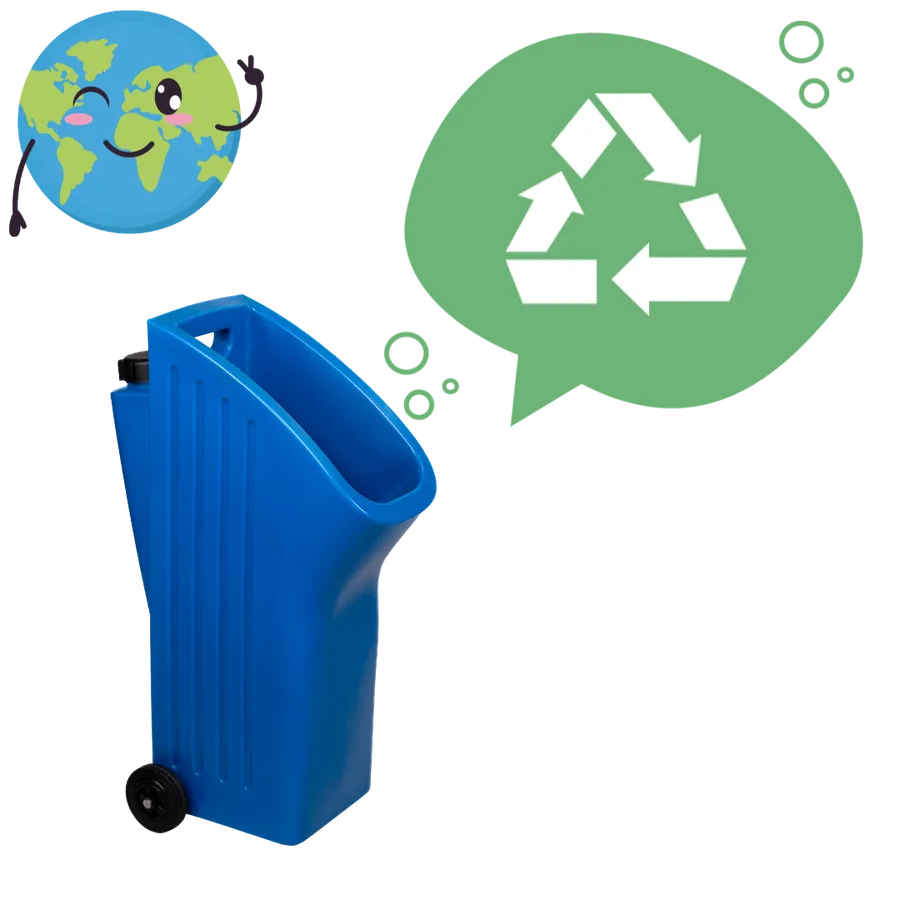 Easy Peezy urinoir met recyclesymbool en een lachende wereldbol.