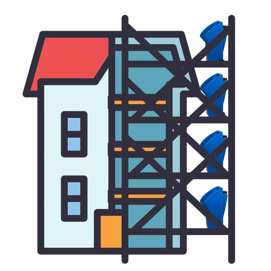 Easy Peezy urinoirs op iedere etage van een steiger bij de verbouwing van een huis.