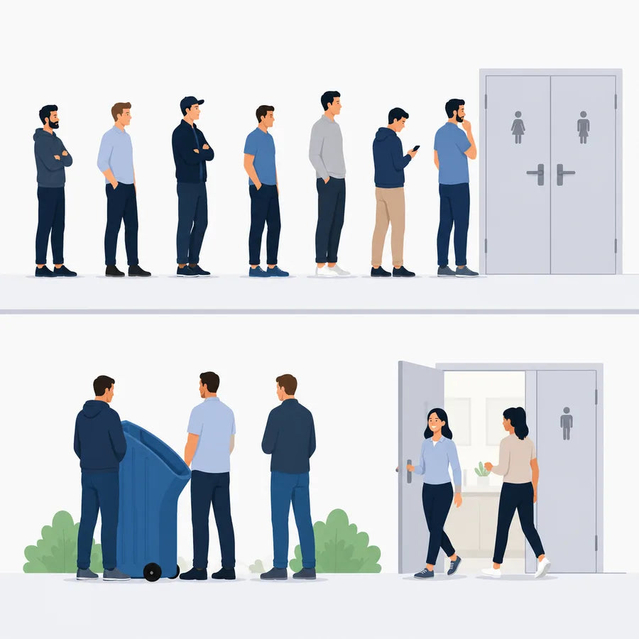 Een rij wachtende mensen voor het toilet.