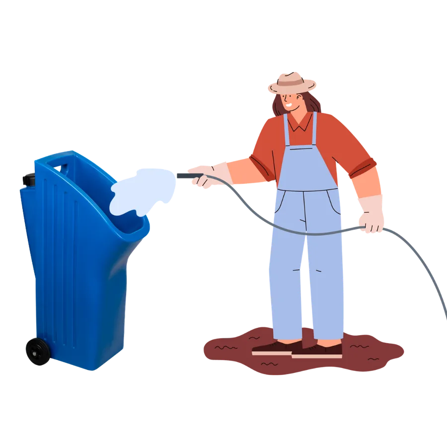 Man die de Easy Peezy schoonmaakt met een tuinslang.